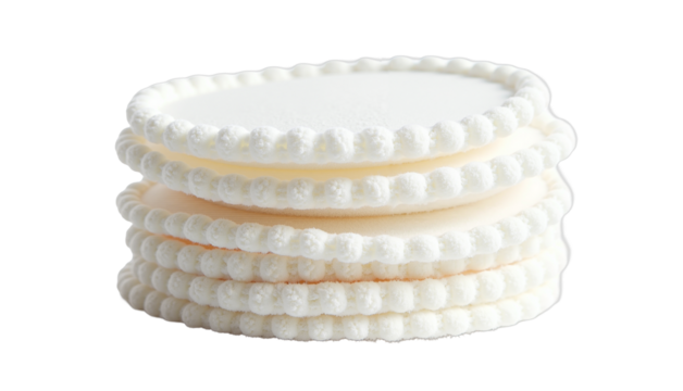 Stack of round white cookies with decorative edges on isolate background  