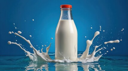 A glass milk bottle sits amidst a splash of milk, against a vibrant blue backdrop.