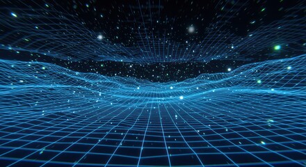 A futuristic digital landscape with a blue wireframe grid and glowing particles.