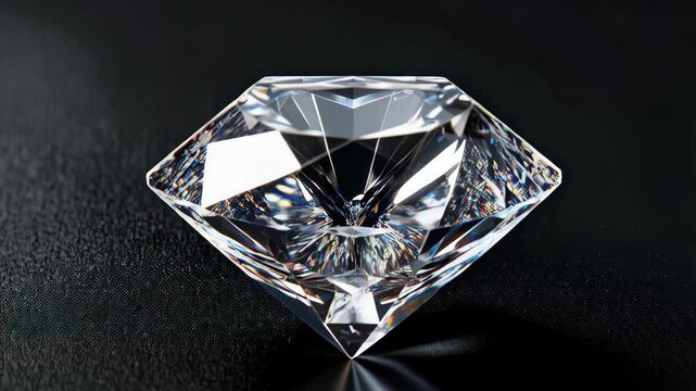 Close up of a brilliant cut diamond with colorful internal refraction on a black textured surface, reflecting light and creating depth