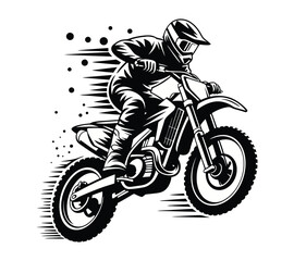Monochrome Motocross Racer Graphic, Sport Illustration On White Background
