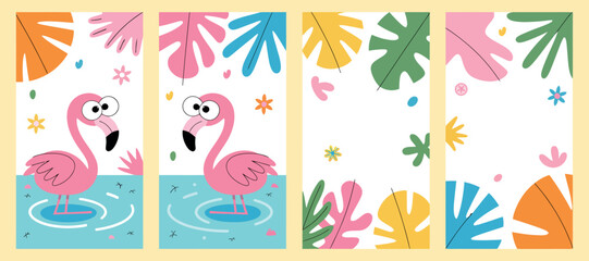 Set of Four Tropical Vector Backgrounds with Cute Cartoon Flamingos Colorful Leaves Flowers and Water Ripples for Social Media Stories and Summer Designs