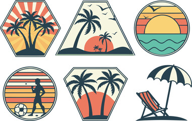 Obraz premium Nostalgic Beach Paradise Emblems Evoking Summer Fun, Tropical Getaways, and Carefree Relaxation with Geometric Shapes and Retro Color Palettes for Vacation Vibes and Artistic Expression