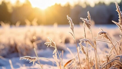 Snowy field of frosted golden reeds under a rising sun, tranquil winter landscape with blurred trees in the background, bright sunlight, idyllic winter scene. - Powered by Adobe