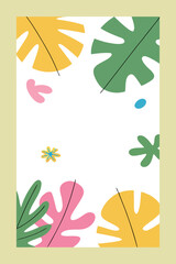 Colorful Tropical Leaves and Flowers with a White Background and a Light Yellow Border for a Fresh and Vibrant Aesthetic