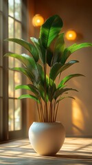 Lush Green Heliconia Rostrata Plant in a Modern White Pot Sunlight