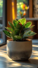 Vibrant Green Yellow Indoor Plant in a Modern Concrete Pot Sunlit Setting