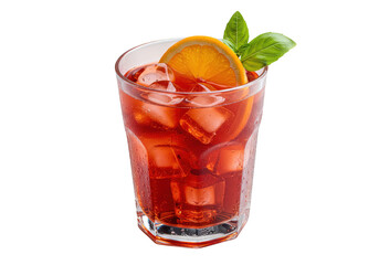Refreshing red cocktail with ice, orange slice, and basil, isolated on transparent background