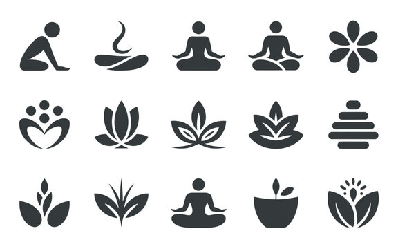 Collection of Yoga Wellness and Nature Inspired Icons for Meditation Relaxation and Holistic Health Practices in Black
