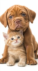 Cuddly puppy and kitten share a moment of friendship in a playful embrace at a cozy indoor setting