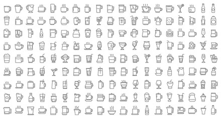a large collection of minimalist line art icons depicting various beverages, cups, glasses, bottles, and other drink-related items
in black and white design
