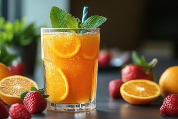 Refreshing Orange Strawberry Summer Iced Tea Drink with Mint Garnish