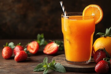 Refreshing Orange Juice Drink with Strawberries and Mint Summer Beverage