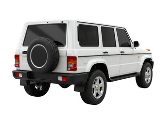 Fototapeta premium Rear view of a white suv with a spare tire, isolated on transparent background