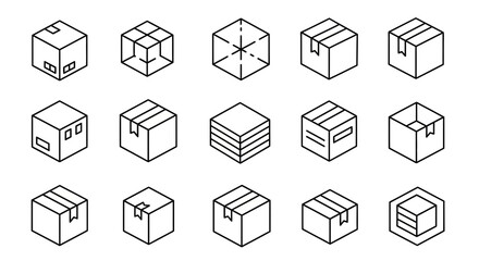 Cube line icon set. Module, box, Geometric shape, model, block, product. Outline vector icon in linear style. Series of pictograms
in black and white design
