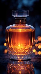Illuminated Crystal Decanter of Amber Liquid Glowing at Night Reflective Surface