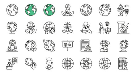 Globe line icon set. Planet Earth, green planet, ecology, global warming, Earth protection and more. Outline vector icon in linear style. Series of pictograms in black and white design
