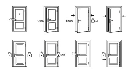 detailed vector line art illustration, door, open, close, locked, unlocked, enter, exit, security, safety, icon set, high quality, minimalist, sharp edges, uniform style
in black and white vector desi