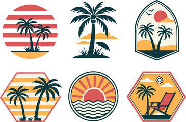 Vintage Inspired Summer Beach Vacation Logo Designs Featuring Palm Trees, Sunsets, Waves, and Beach Chairs Embodying a Retro Aesthetic for Travel and Relaxation