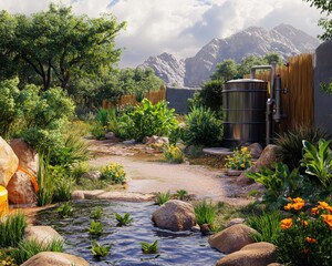 An ultra realistic scene depicting rainwater harvesting and water conservation systems in a natural environment.