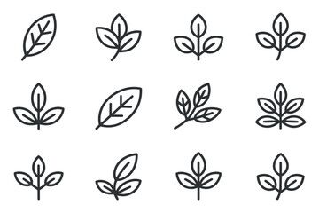 Set of Minimalist Leaf Icons in Outline Style Representing Nature Growth and Simplicity for Design Elements and Creative Projects on a White Background