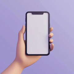 3D cartoon render of a hand holding a smartphone with a blank white screen, against a purple background