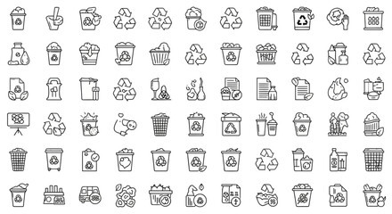Waste and garbage line icon set. Waste sorting, recycling, plastic, glass, pollution and more. Outline icon in linear style. Vector collection, in black and white design
