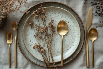 Elegant Rustic Table Setting with Gold Cutlery Dried Flowers and Speckled Plates