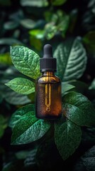 Amber Glass Dropper Bottle of Essential Oil on Lush Green Leaves