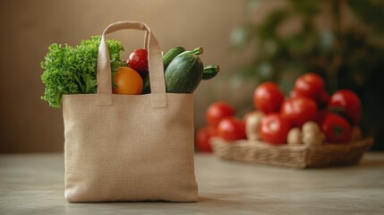 Reusable Jute Shopping Bag Filled with Fresh Organic Vegetables and Fruits