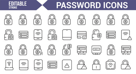 Vector icons for digital security, authentication, and network protection, editable style.