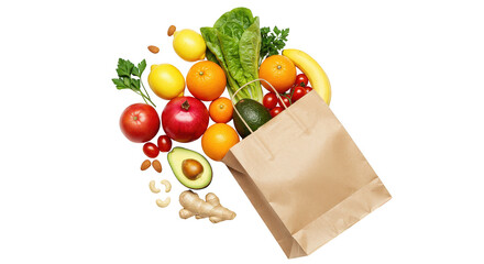 A brown paper bag spills a colorful assortment of fruits and vegetables isolated on transparent background