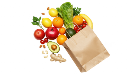 A brown paper bag spills a colorful assortment of fruits and vegetables isolated on transparent background
