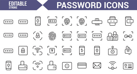Set of icons for password protection, secure network, and encryption in editable format.