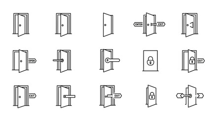 detailed vector line art illustration, door, open, close, locked, unlocked, enter, exit, security, safety, icon set, high quality, minimalist, sharp edges, uniform style
in black and white vector desi