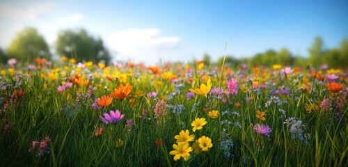 Fototapeta premium An ultra realistic scene depicting wildflowers and biodiversity in untouched meadows in a natural environment.