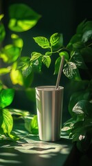 Stainless Steel Tumbler with Metal Straw Surrounded by Lush Green Foliage