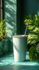 Light Teal Reusable Cup with Metal Straw Green Plant Background Sunlight