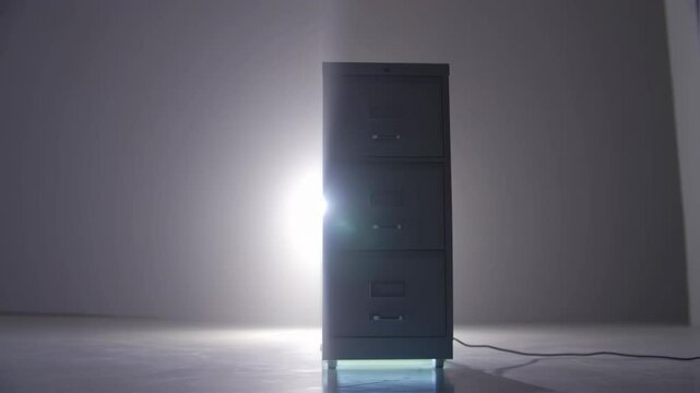 Illuminated three drawer filing cabinet stands in a minimalist room against a bright wall, bathed in white light, symbolic of open secrets.
