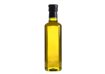 Golden olive oil in a sleek glass bottle, isolated on transparent background