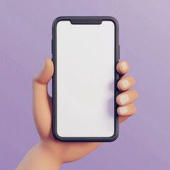 3D cartoon render of a hand holding a smartphone with a blank white screen, against a purple background