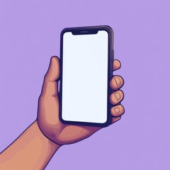 3D cartoon render of a hand holding a smartphone with a blank white screen, against a purple background