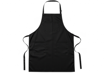 A pristine black apron with pockets, isolated on transparent background