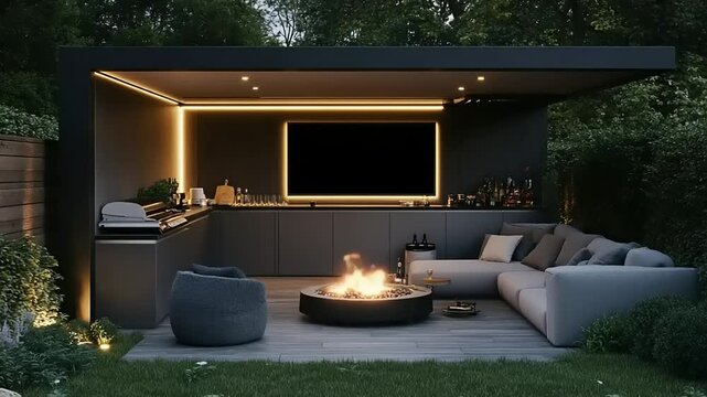 Outdoor kitchen and living area under a pergola at night