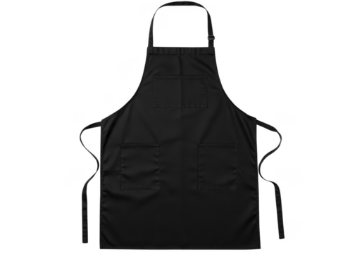 A pristine black apron with pockets, isolated on transparent background