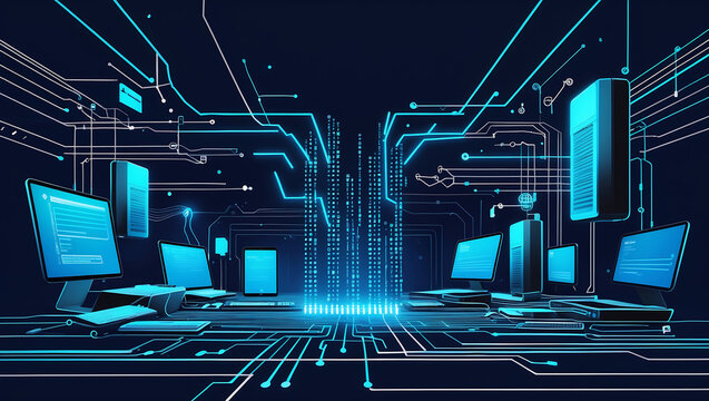 Abstract futuristic network with digital computers and circuit board design - Powered by Adobe