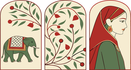 Mughal Pichwai Garden. Indian Wedding Invitation. Vector illustration of temple, peacock, elephant, flower frame, border, pillar arch, tropical plant,  for greeting card, flyer, poster or background. 