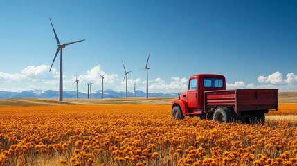 Red vintage truck parked in orange flower field with wind turbines  