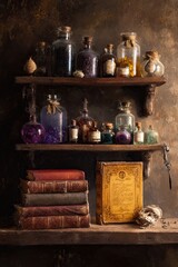 Witch’s apothecary shelf with potions, mystical book, still life painting style