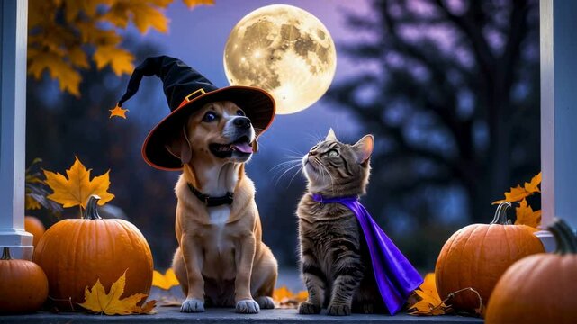 Adorable Dog and Cat in Halloween Costumes Under Harvest Moon